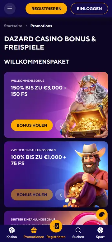 Dazard am Handy: Aktionsseite mit dem Willkommensbonus