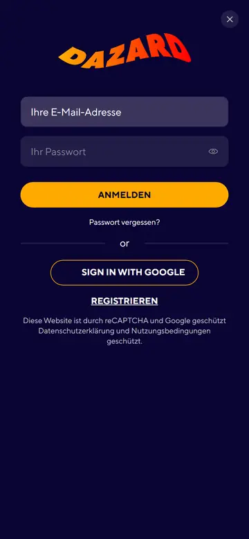 Dazard am Handy: Login mit E-Mail oder Google
