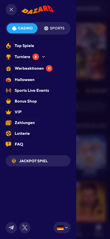 Dazard am Handy: Menü mit Top Spiele, Turniere, Werbeaktionen und VIP